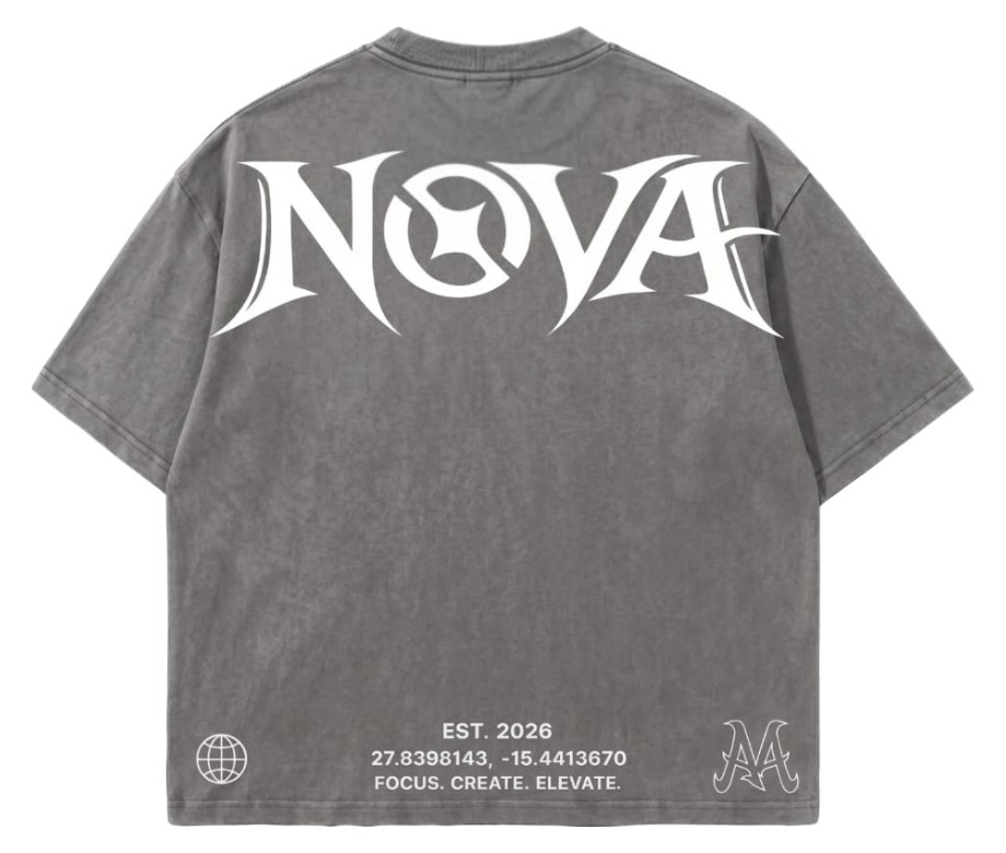 Camiseta NOVA Supply Clothing gris por detrás, con NOVA en grande